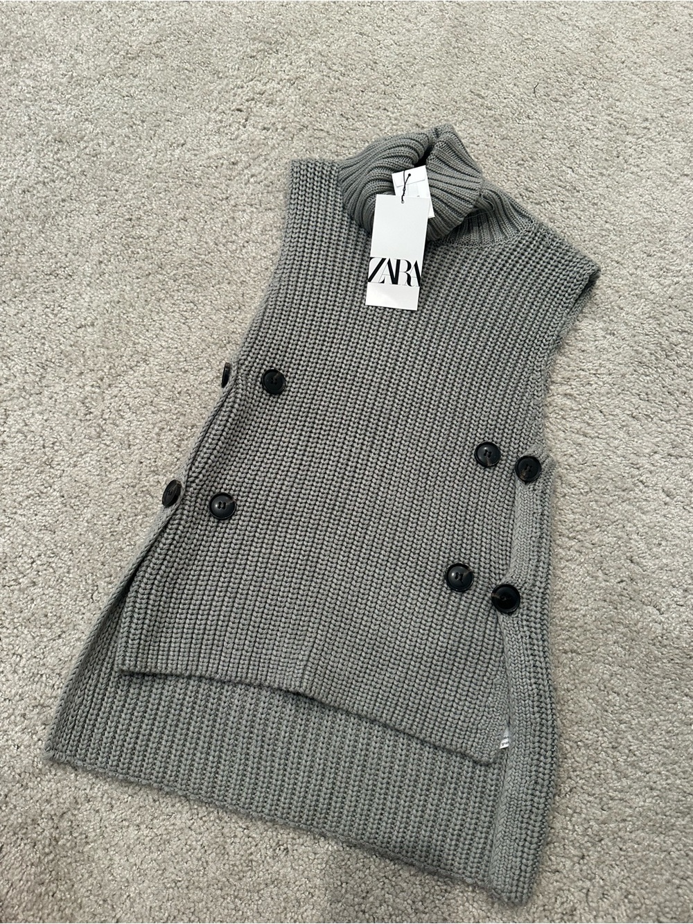 ZARA Grey Sleeveless Turtleneck Knit Vest with Side Buttons